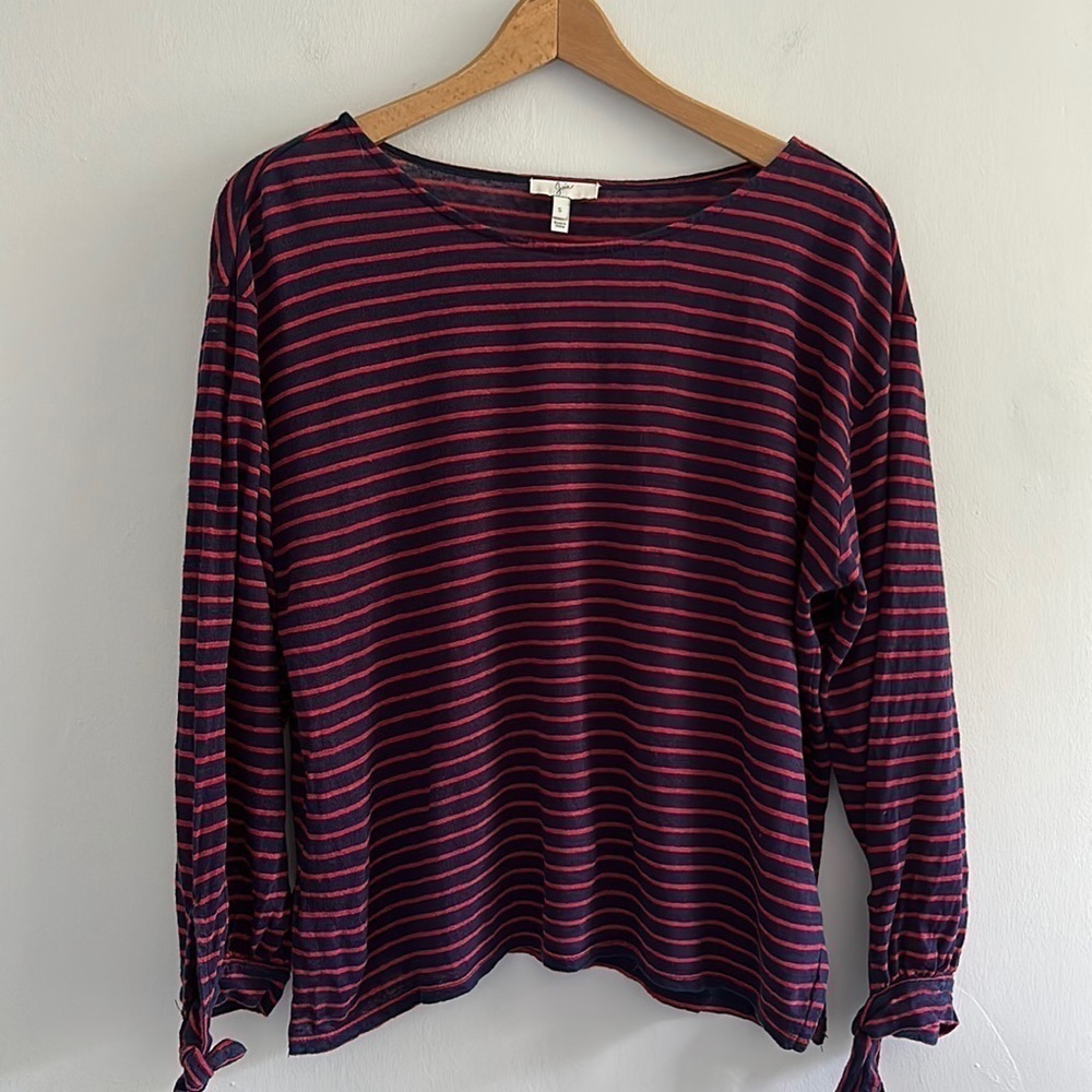 JOIE 100% linen jersey 3/4 navy & red striped breton top size Small